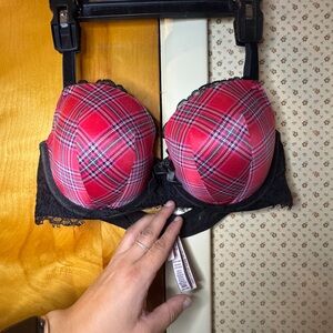 Victoria's Secret Red Plaid and Black Lace Bra